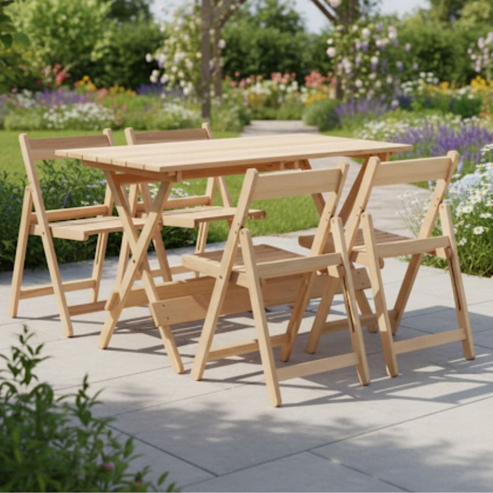 Conjunto de Mesa 120x70cm e 4 Cadeiras Dobráveis Eucalipto sem Pintura Natural