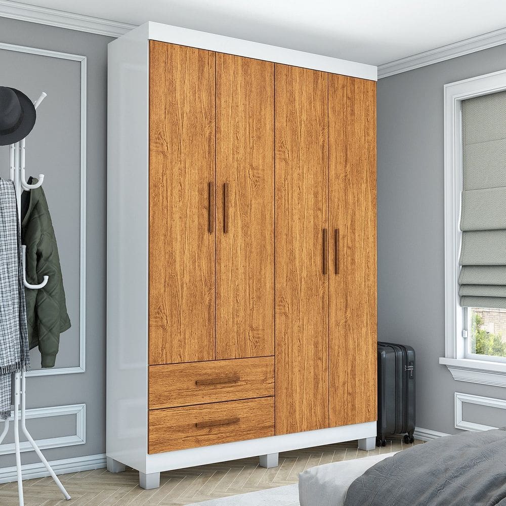 Guarda-roupa 4 Portas 2 Gavetas com Pés Genova Branco/Cinamomo