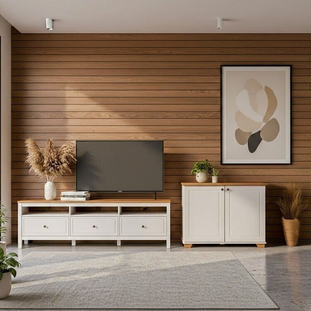 Conjunto de Sala 2 Peças 1 Rack e 1 Armário Multiuso Ananda Cabecasa Madeiramadeira Off White/Mel