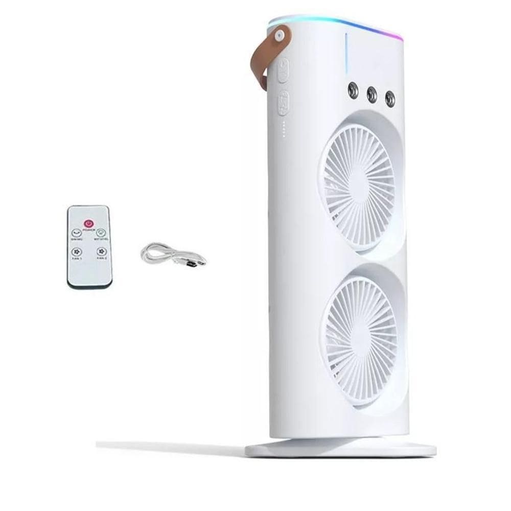 Mini Climatizador Ventilador Duplo Giratório Com RGB, Controle Remoto e Portátil