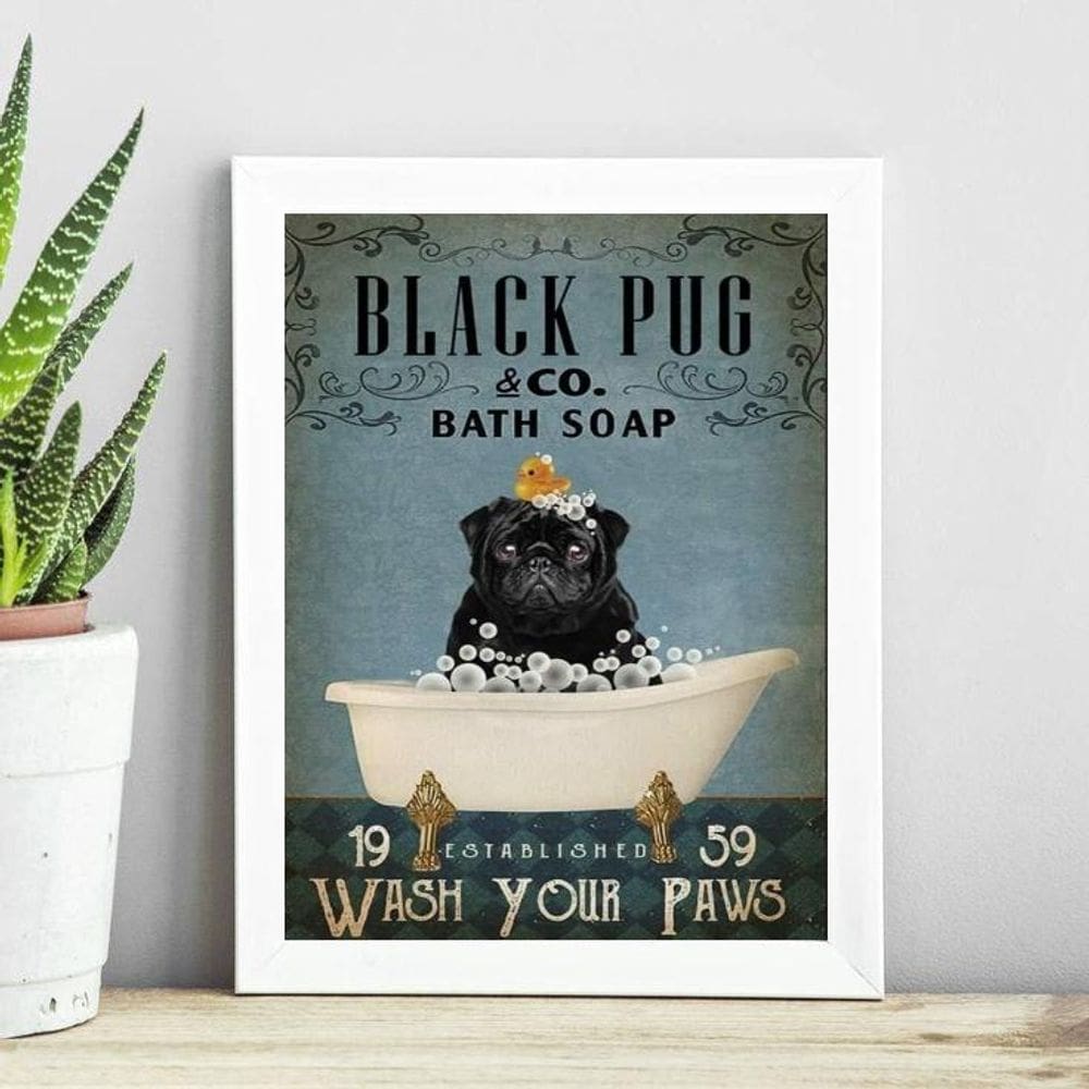 Quadro Decorativo Banheiro Black Pug 33X24Cm - Com Vidro