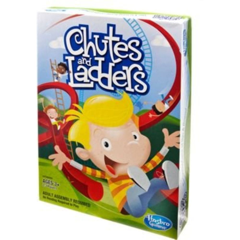 Jogo de tabuleiro Hasbro Chutes & Ladder com 4 peões na caixa de economia de espaço