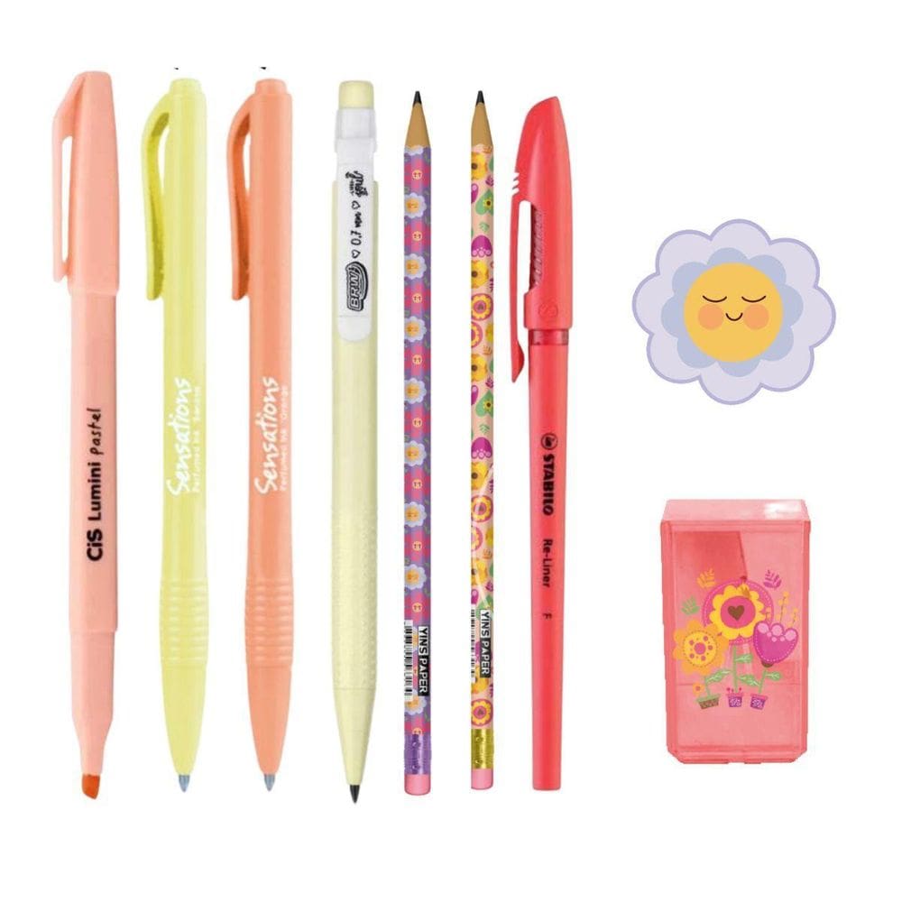 Kit Papelaria Floral Borracha Apontador Caneta