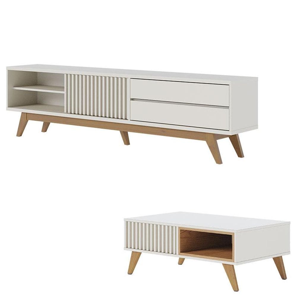 Rack Bancada Veneza Off White Matte com Mesa de Centro Jeri Off White Freijó - Colibri