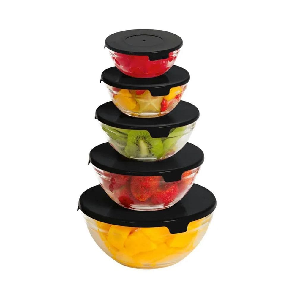 Conjunto 5Pç Jogo Tigela Com Tampa De Vidro 5 Tamanhos