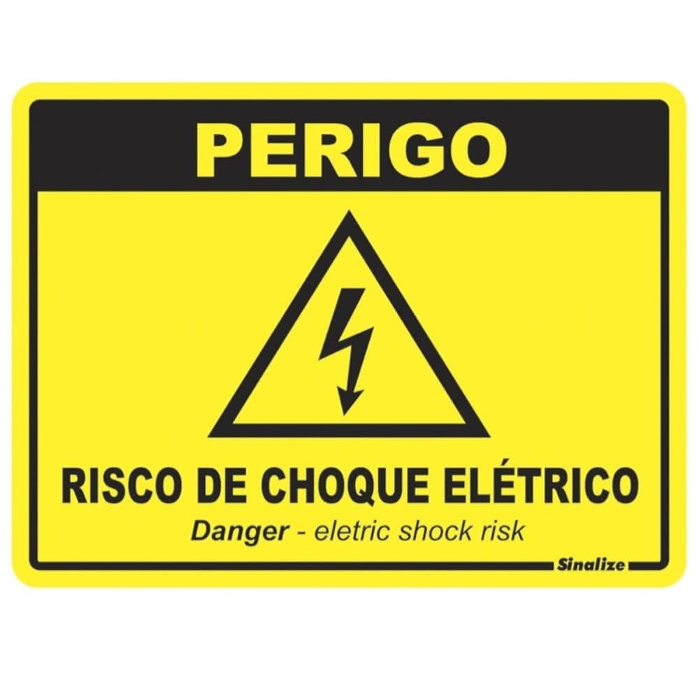 Placa de Poliestireno Auto-Adesiva 15x20cm Perigo Risco de Choque Elétrico - 220 BY - SINALIZE
