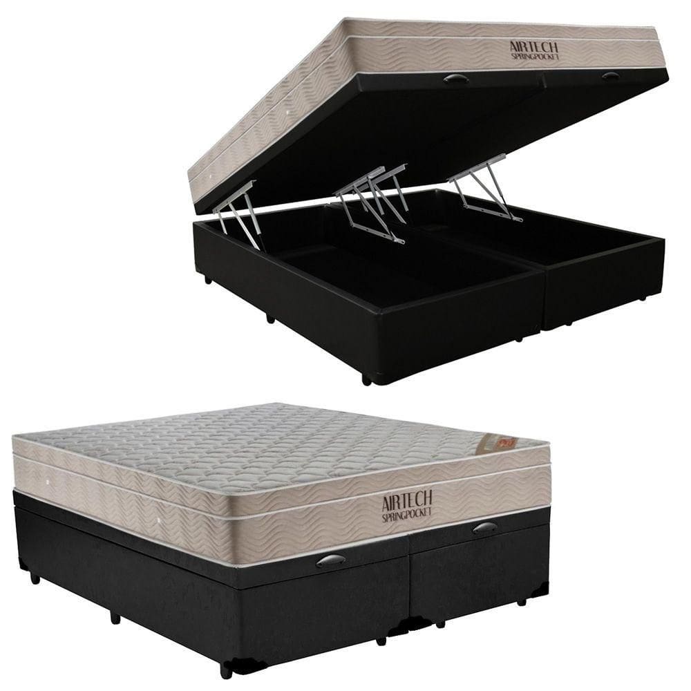 Cama Box Baú King Sintético Bipartido + Colchão Ortobom Airtech Molas Ensacadas 65x193x203 Preto