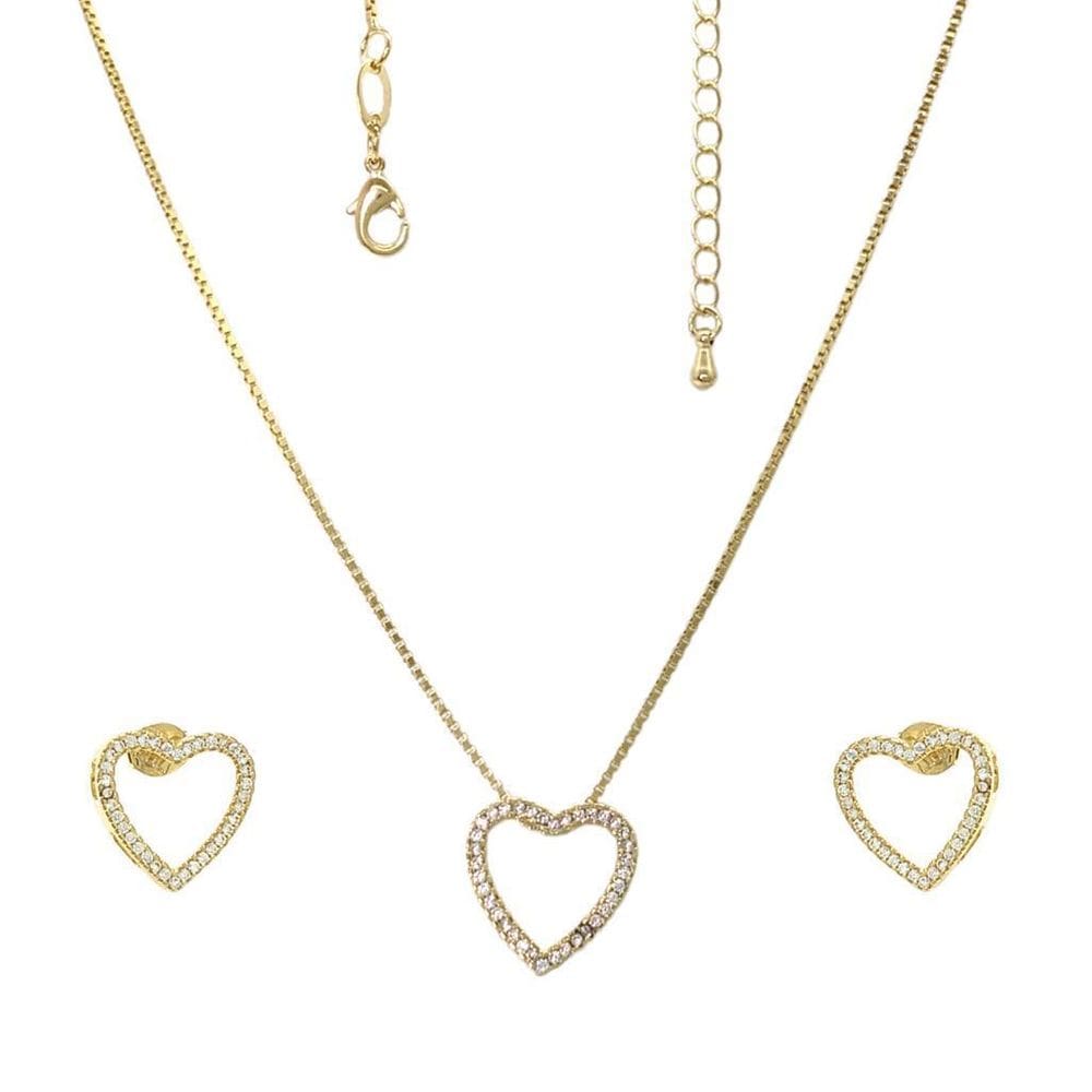 Gargantilha Folhada A Ouro 40Cm Brinco Coração Cravejado