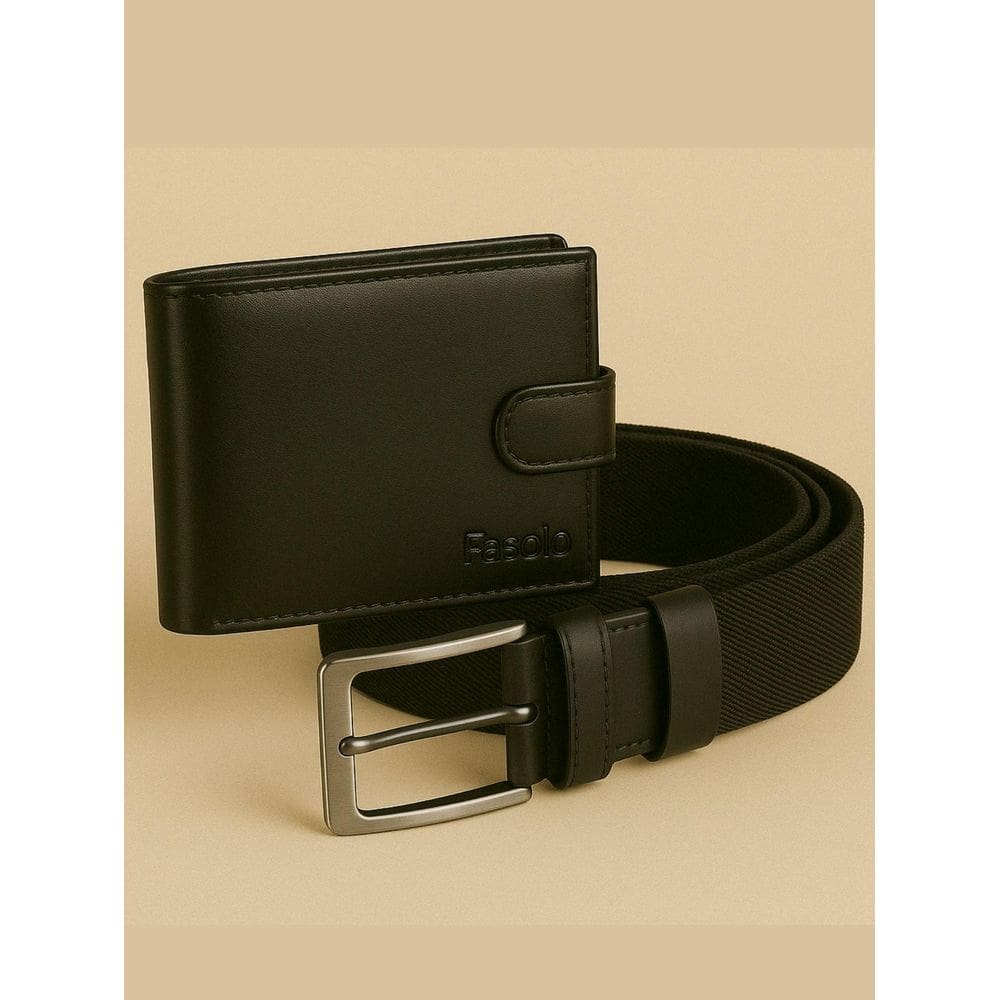 Kit Masculino Fasolo Carteira Botão E Cinto Couro Preto 100