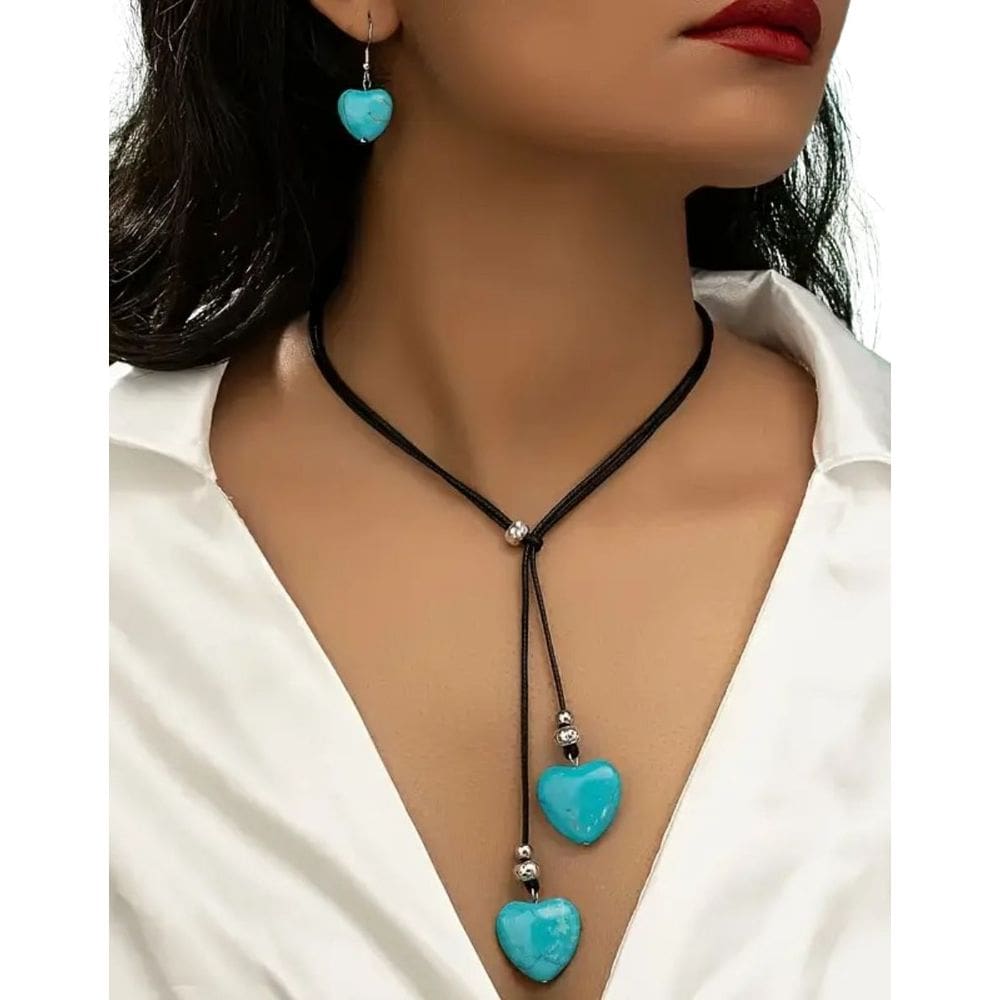 Conjunto Colar Preto e Brincos Estilo Boho com Pingentes Coração Azul Turquesa