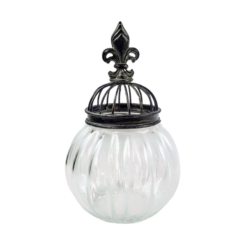 Pote Potiche Decorativo Flor De Lis Ferro E Vidro 25X16Cm