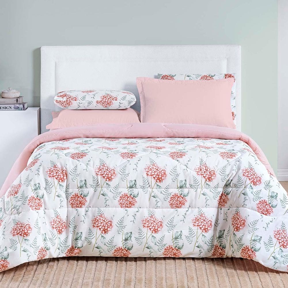 Edredom Cobertor Maris Super King Percalle 200 Fios Estampado Floral Hortênsia Salmão