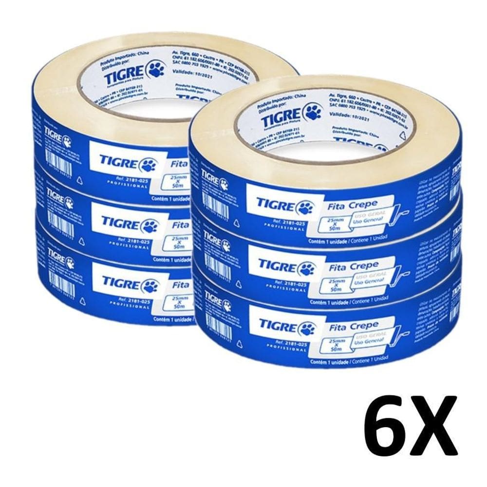 Kit 6 Fita Crepe Uso Geral Pintura 18Mmx50M Tigre