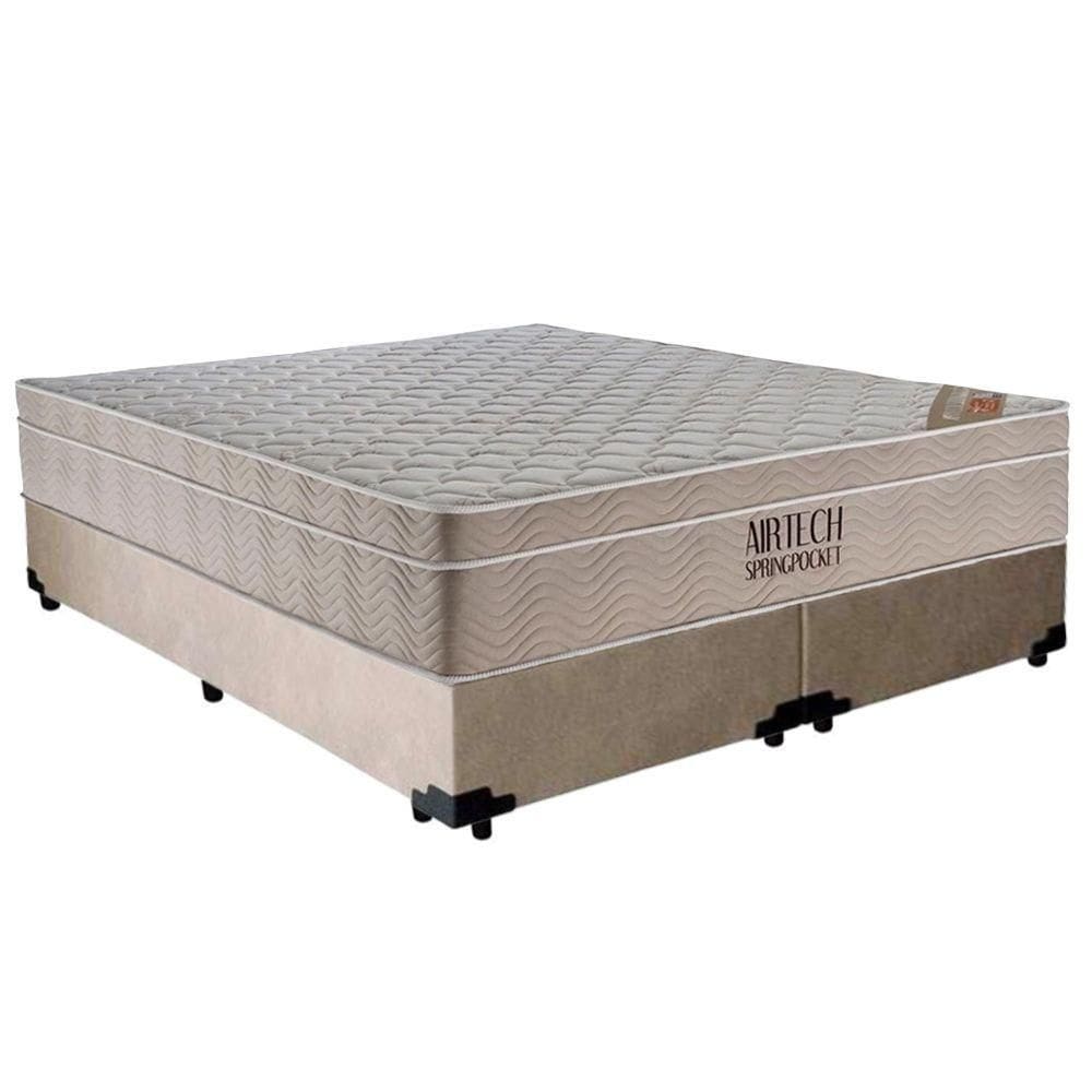 Cama Box Casal Sintético Bipartido + Colchão Ortobom Airtech Molas Ensacadas 65x138x188 Cor:bege