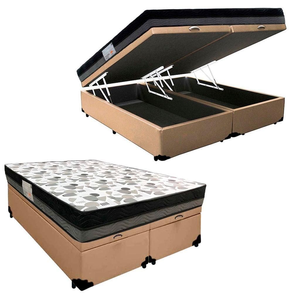 Cama Box Baú Casal Sintético Bipartido + Colchão Ortobom Iso Dupla Face 60x138x188 Cor:bege