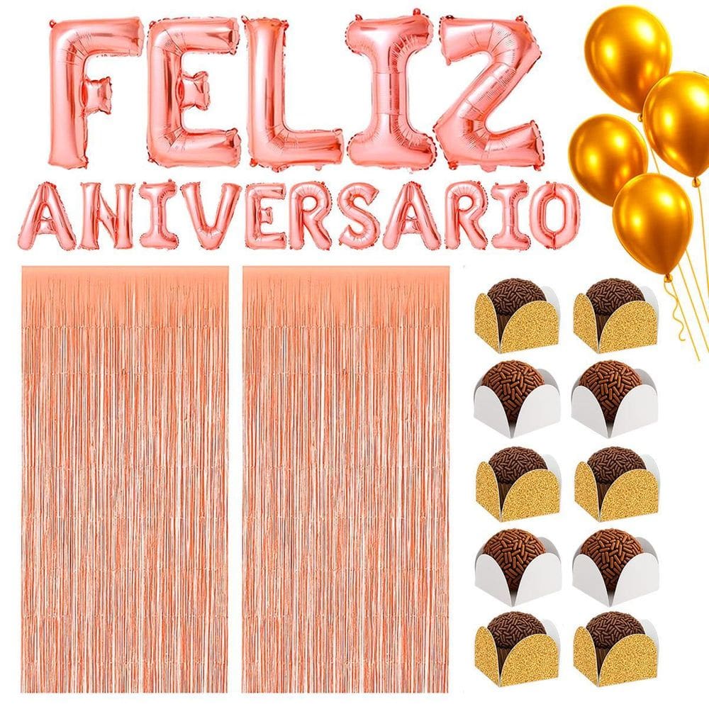 Kit Balões Decoração Feliz Aniversário Cortina Dourado Festa