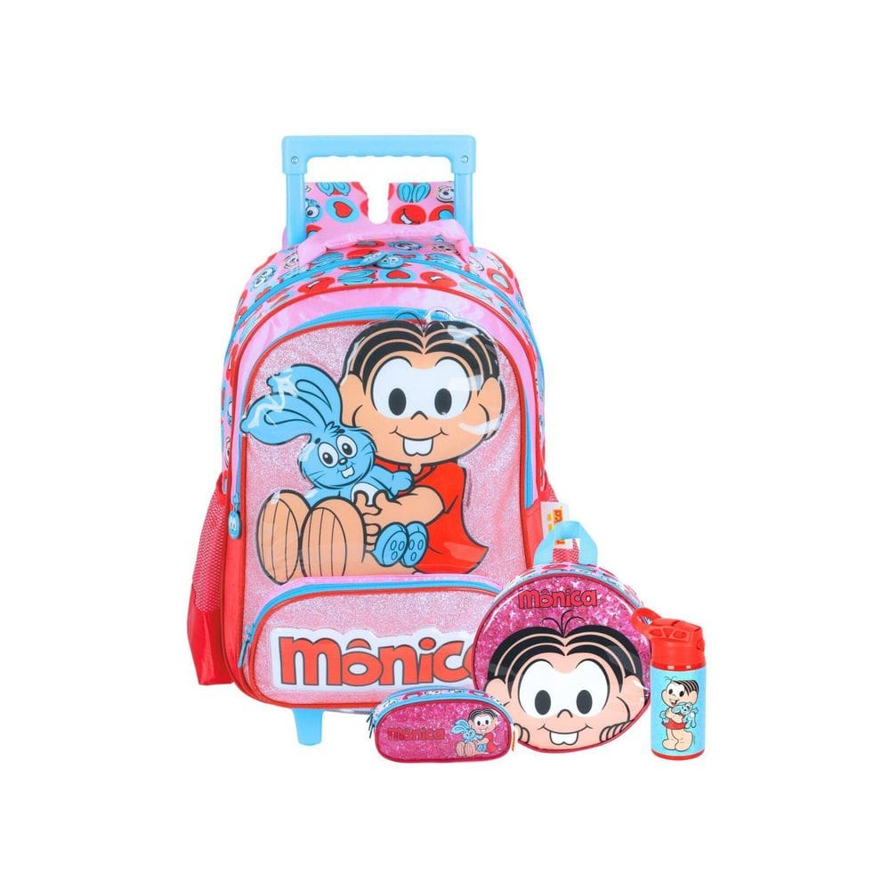 Kit Turma Monica Mochila Lancheira Estojo Garrafa - Rosa