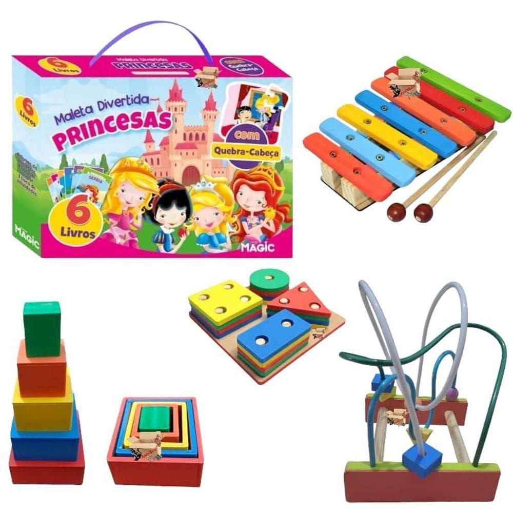 Kit 5 Brinquedos Pedagógicos Em Madeira + 6 Livros Infantil