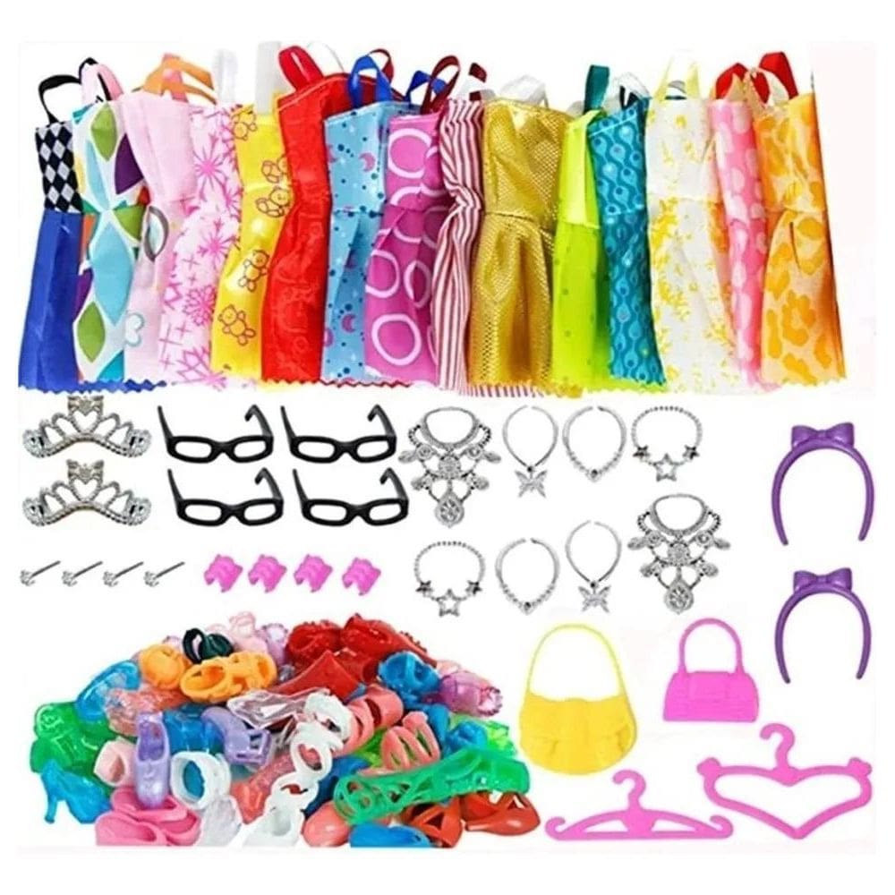 2X Roupa Boneca Kit 42 Acessórios Sapatos Vestido + Surpresa