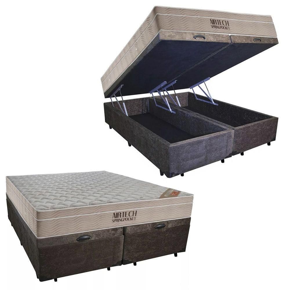 Cama Box Baú Queen Suede Bipartido + Colchão Ortobom Airtech Molas Ensacadas 65x158x198 Cor:marrom