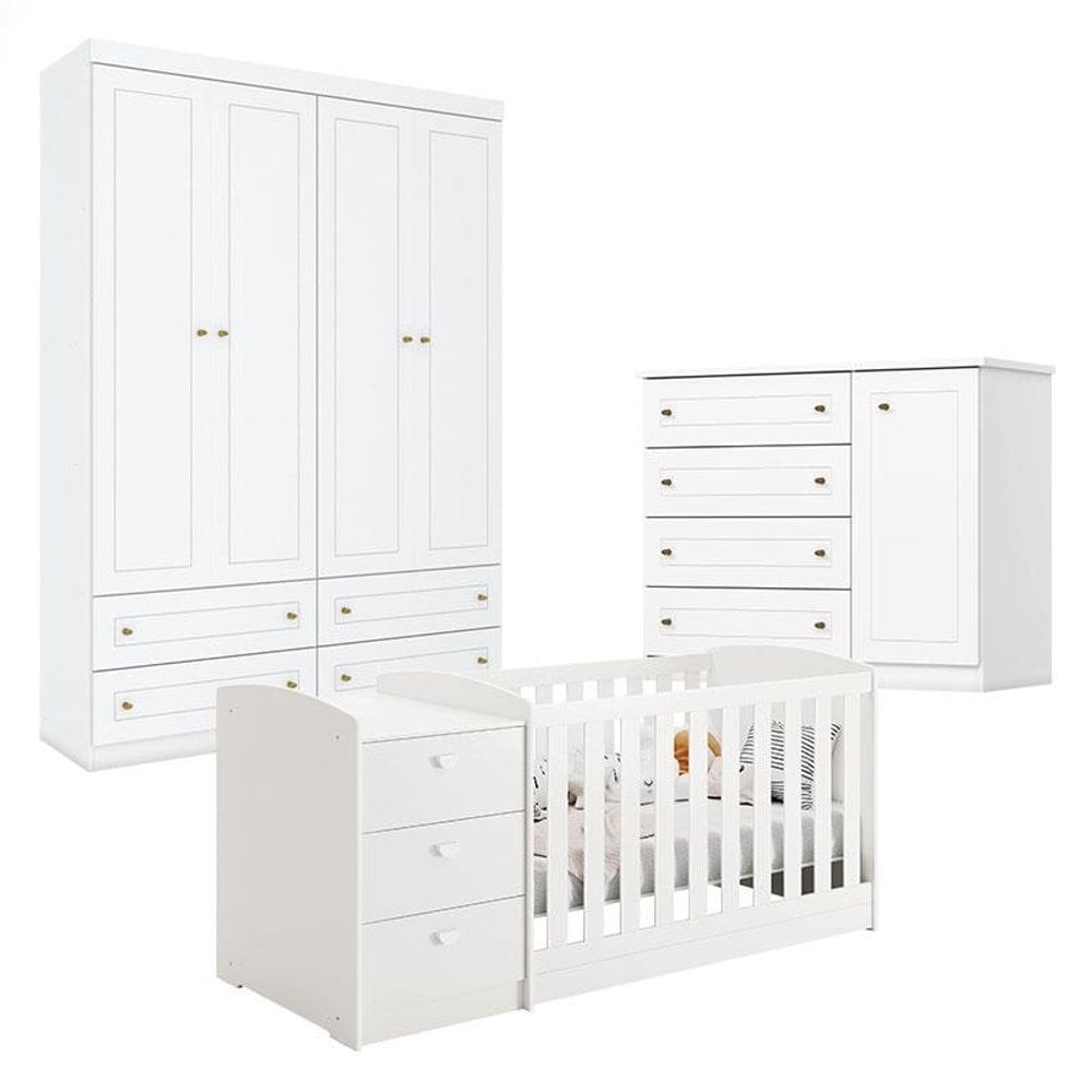 Quarto Infantil 4 Portas Americano e Berço Multifuncional Atlanta Branco Fosco - Reller