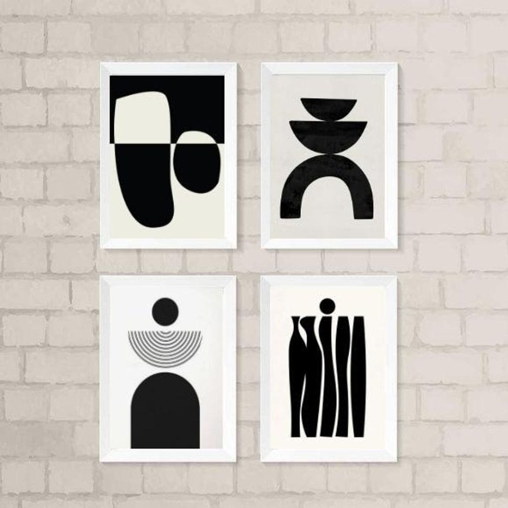 Kit 4 quadros sala minimalistas preto 33x24cm - vidro