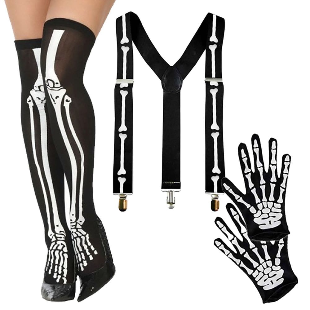 Kit Acessório Fantasia Esqueleto Caveira: Meia 7/8 + Suspensório + Luva = 3 Produtos Temáticos