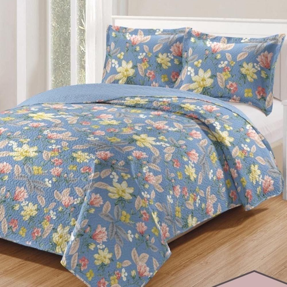 Kit Cobre Leito Colcha Daily Casal 3 Peças Dupla Face Estampado Floral - Floral 22 - 100% Poliéster