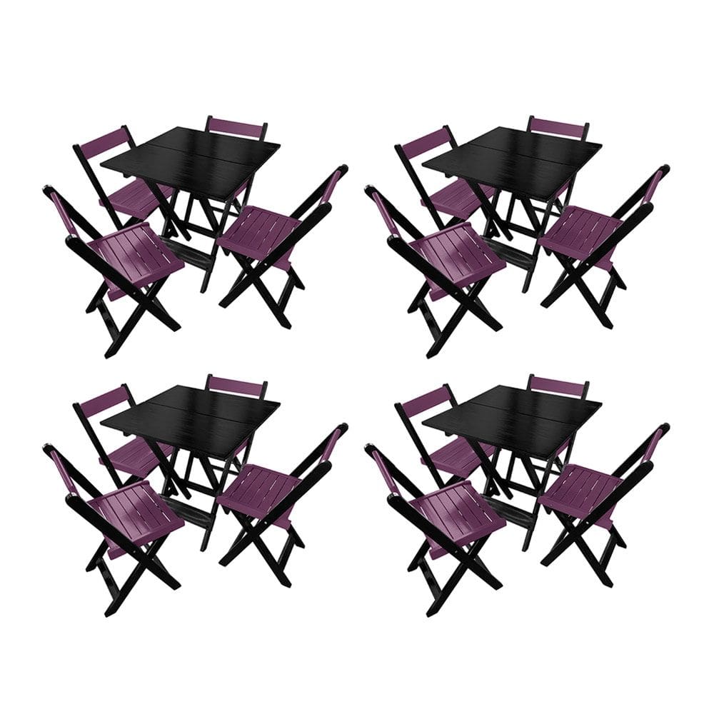 Kit 4 Mesas de Madeira Dobrável Preto 70x70 com 4 Cadeiras Dobráveis Roxo