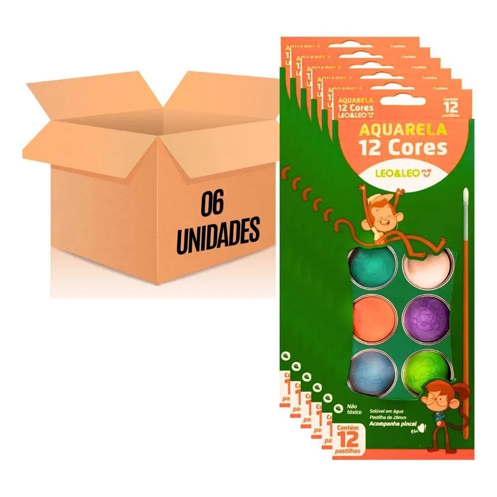 2X Kit Escolar 06 Tintas Aquarela Leoleo 12 Cores Com Pincel