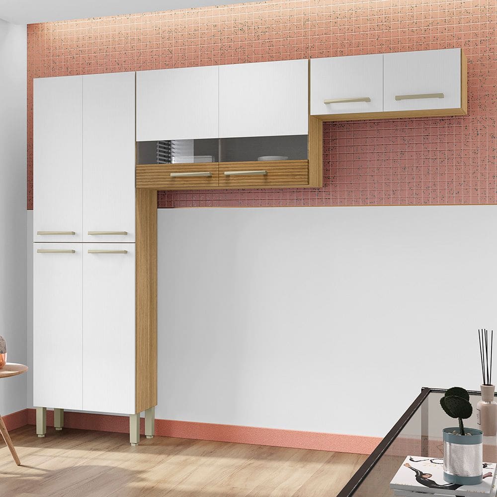 Cozinha (Sem Balcão) 6 Portas 2 Portas de Vidro Nala Freijo/Off White/CP-Ripado Freijo - SSX Multicoisas