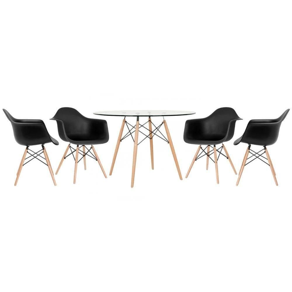 Mesa Redonda Eames Com Tampo De Vidro 120 Cm + 4 Cadeiras Eiffel Daw Preto Preto
