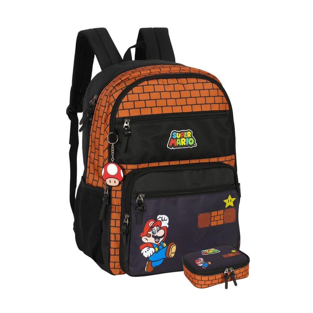 Kit Luxo Super Mario Mochila Costa+Lancheira - Marrom