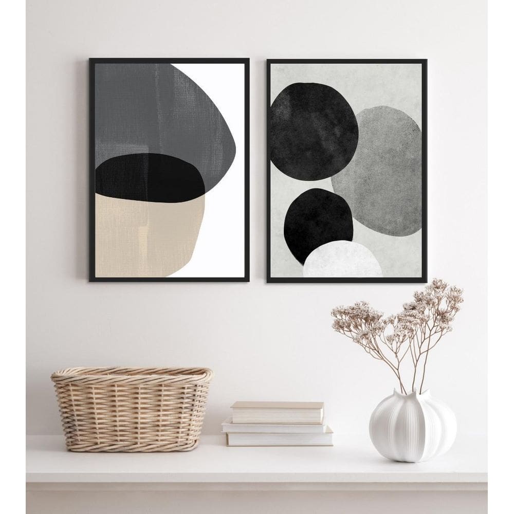 Kit 2 Quadros Decorativos Abstratos- Círculos Cinza 24X18Cm