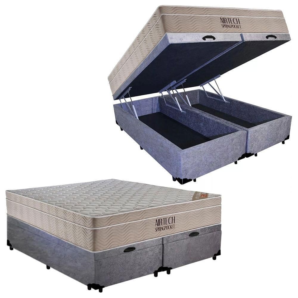 Cama Box Baú Casal Suede Bipartido + Colchão Ortobom Airtech Molas Ensacadas 65x138x188 cinza