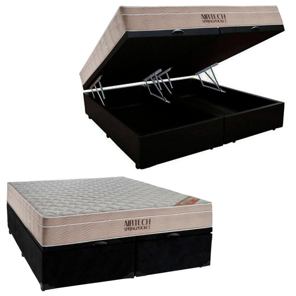 Cama Box Baú King Suede Bipartido + Colchão Ortobom Airtech Molas Ensacadas 65x193x203 Preto