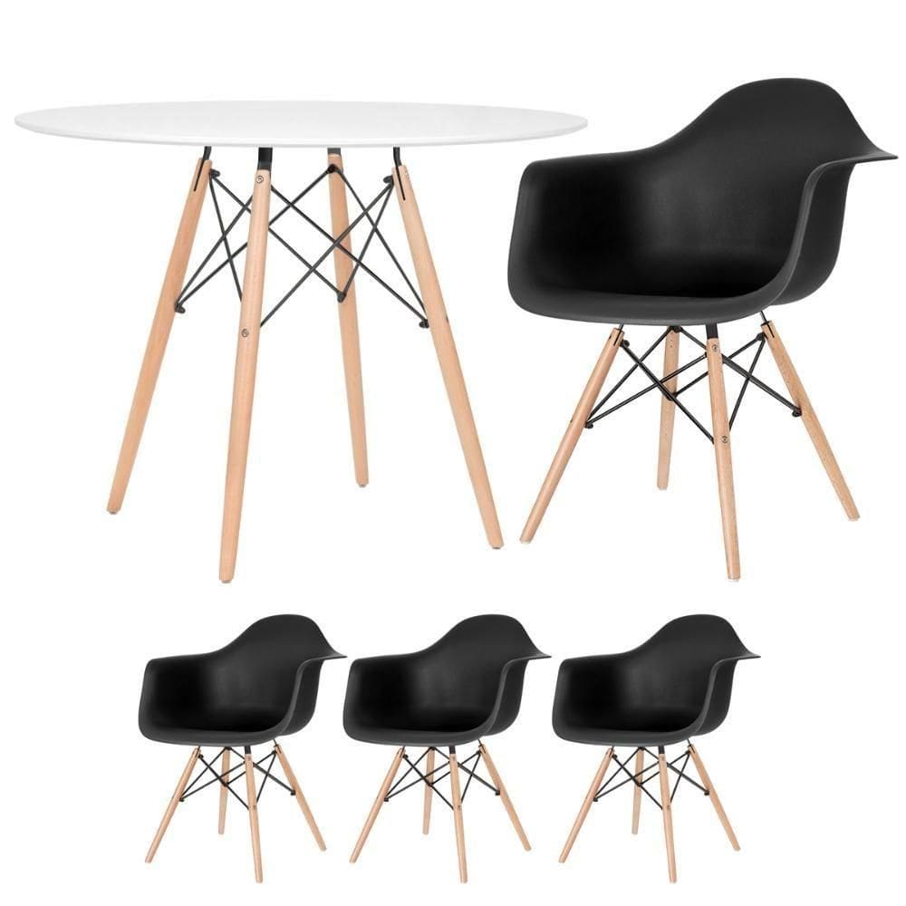 Mesa Redonda Eames 100cm + 3 Cadeiras Eiffel Daw Preto