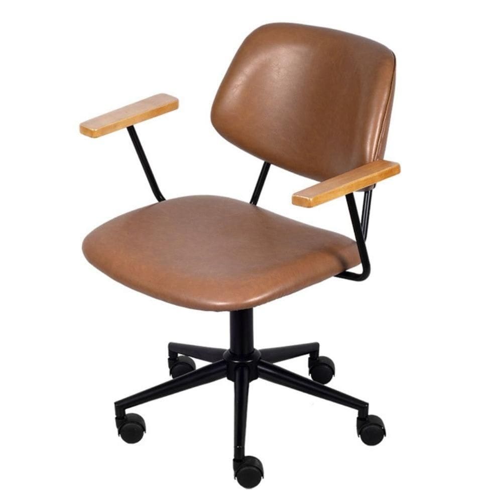 Cadeira Escritório Giratória Riga Or Design Revestida PU Caramelo Braços Madeira Base Rodízio Preto