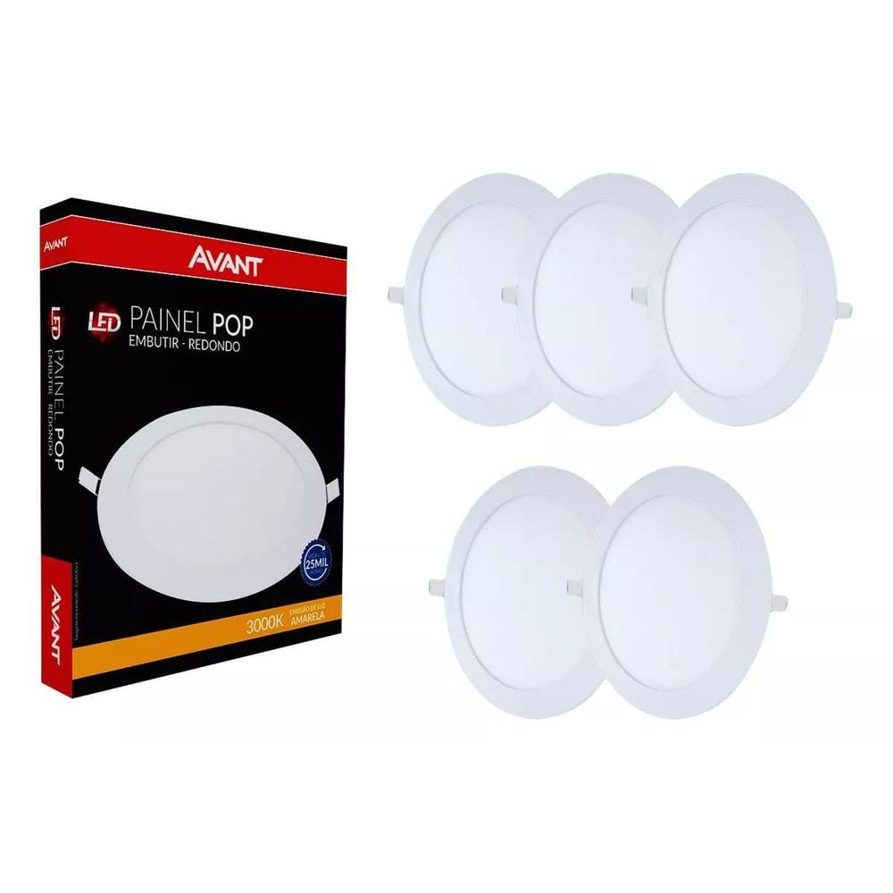 Kit 5 Unidades Painel 24W Redondo Embutir Branco Quente