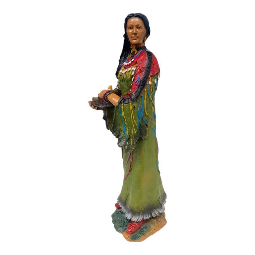 Escultura Índia Xamã Em Pé Guerreira Cherokee 48 Cm Resina