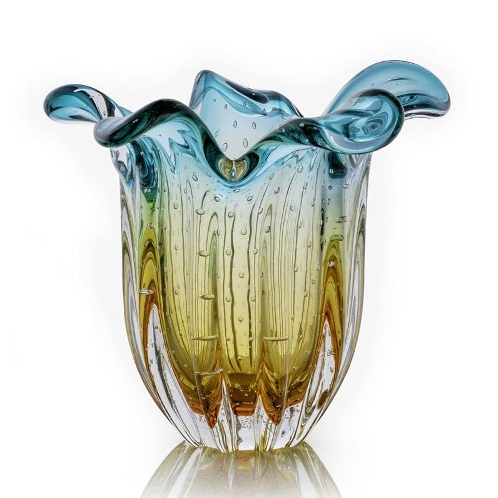 Vaso Em Cristal Murano Esmeralda E Âmbar - São Marcos 22Cm