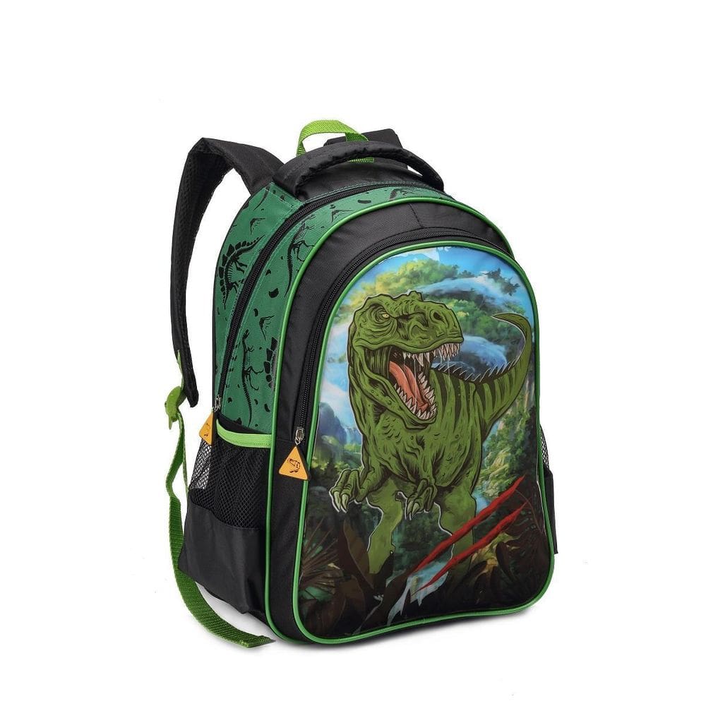 Mochila Escolar Reforçada Dinossauro Verde 41,5x30x13cm