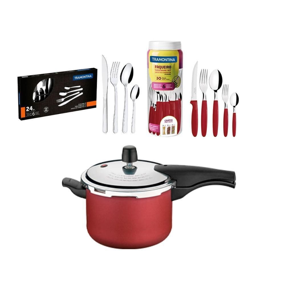 Panela Pressão 4,5 Vermelha + Faq Verm 30Pç + Faq Inox 24Pç