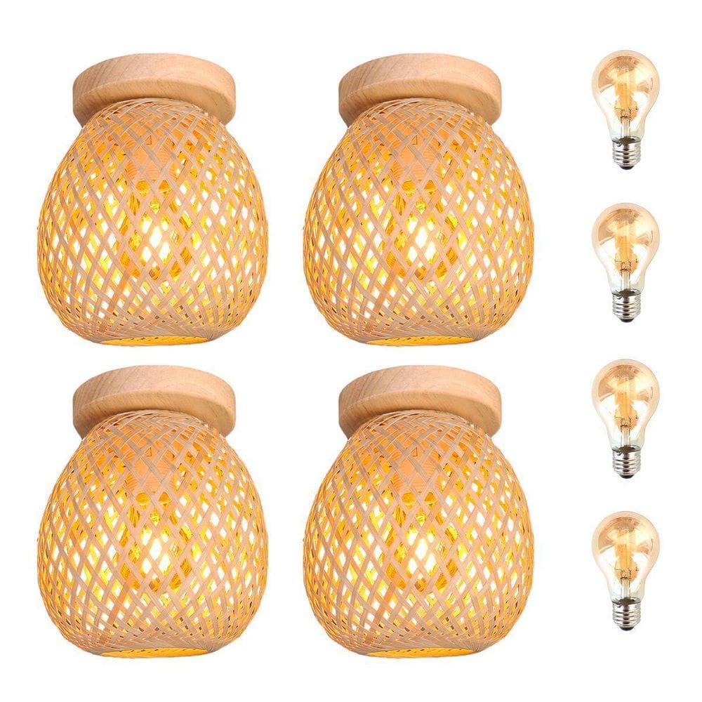 4 Luminaria De Bambu Teto Fibra Natural Sala Nat93 + Led