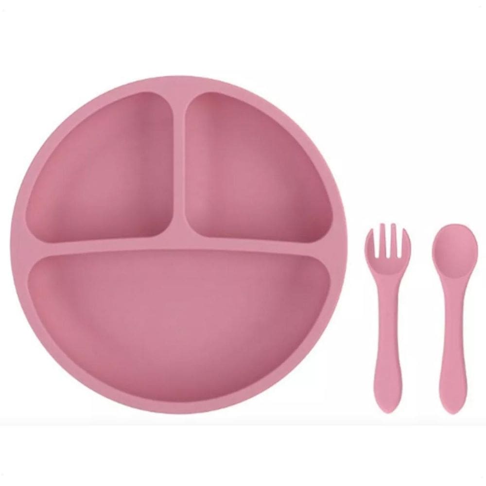 Jogo Refeição Infantil Silicone Rosa Garfo, Prato E Colher