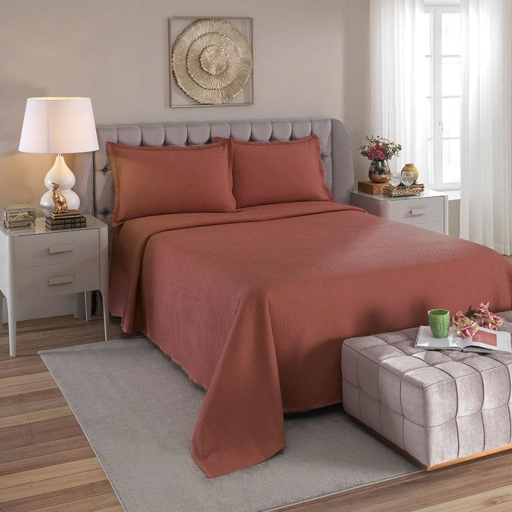 Kit Colcha Casal Piquet 100% Algodão Terracota 3 Peças