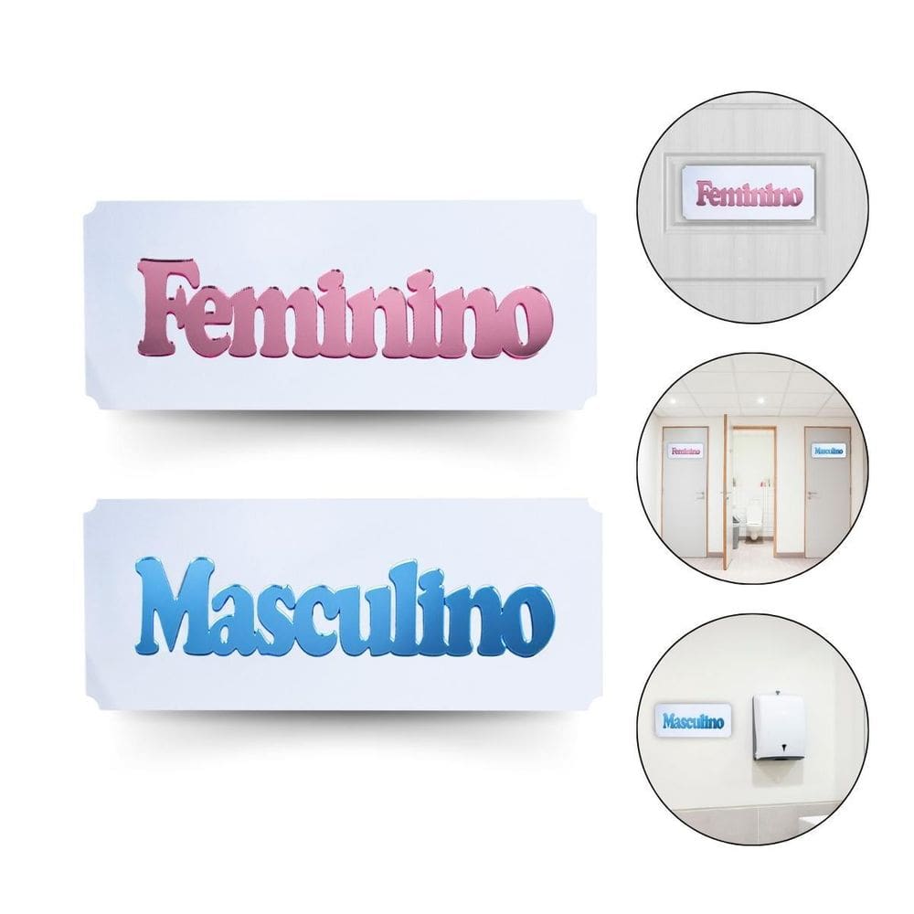 Kit 2 Placa Sinalização Masculino Feminino Branco Rosa Azul