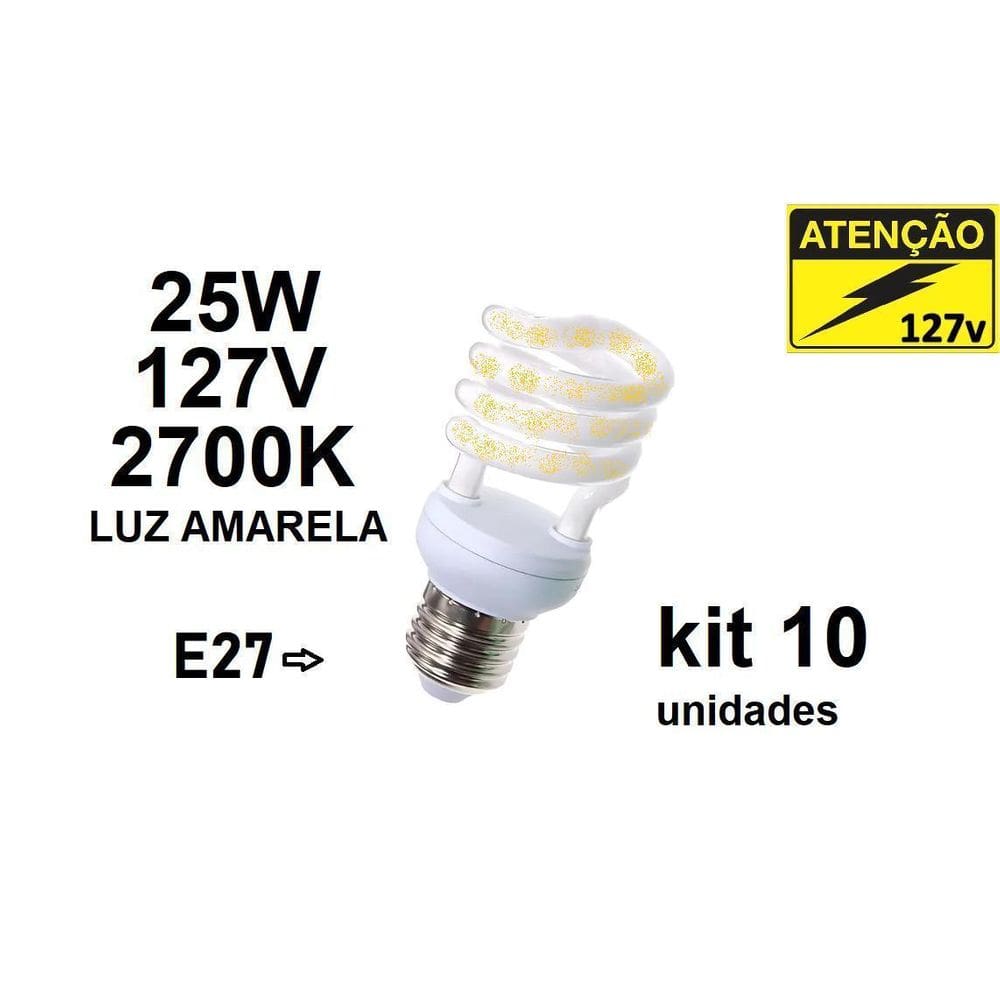 Kit 10 Lâmpadas Espiral 25W 127V 2700K Luz Quente Amarela