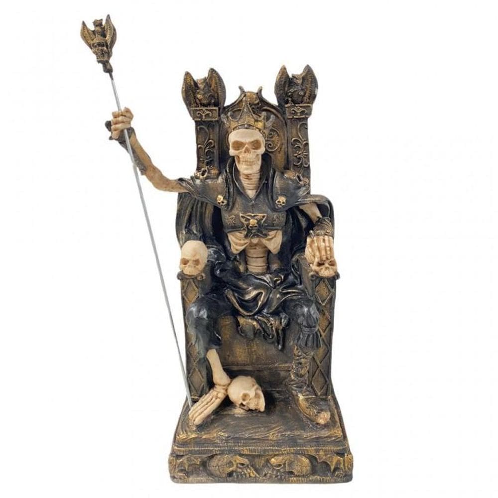 Escultura Exu Caveira No Trono Preto Com Dourado 35Cm Resina