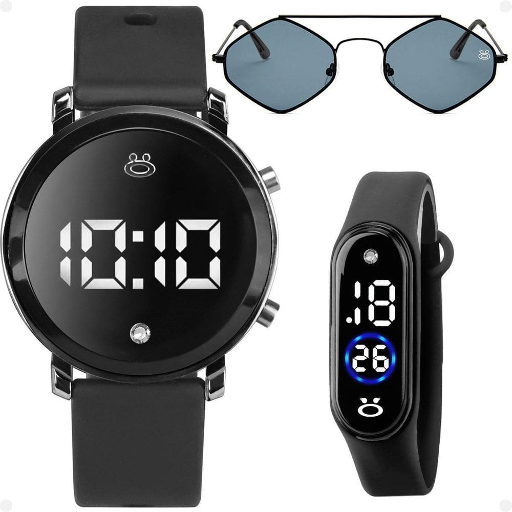 Relogio Led Preto Feminino + Bracelete Digital + Oculos Sol